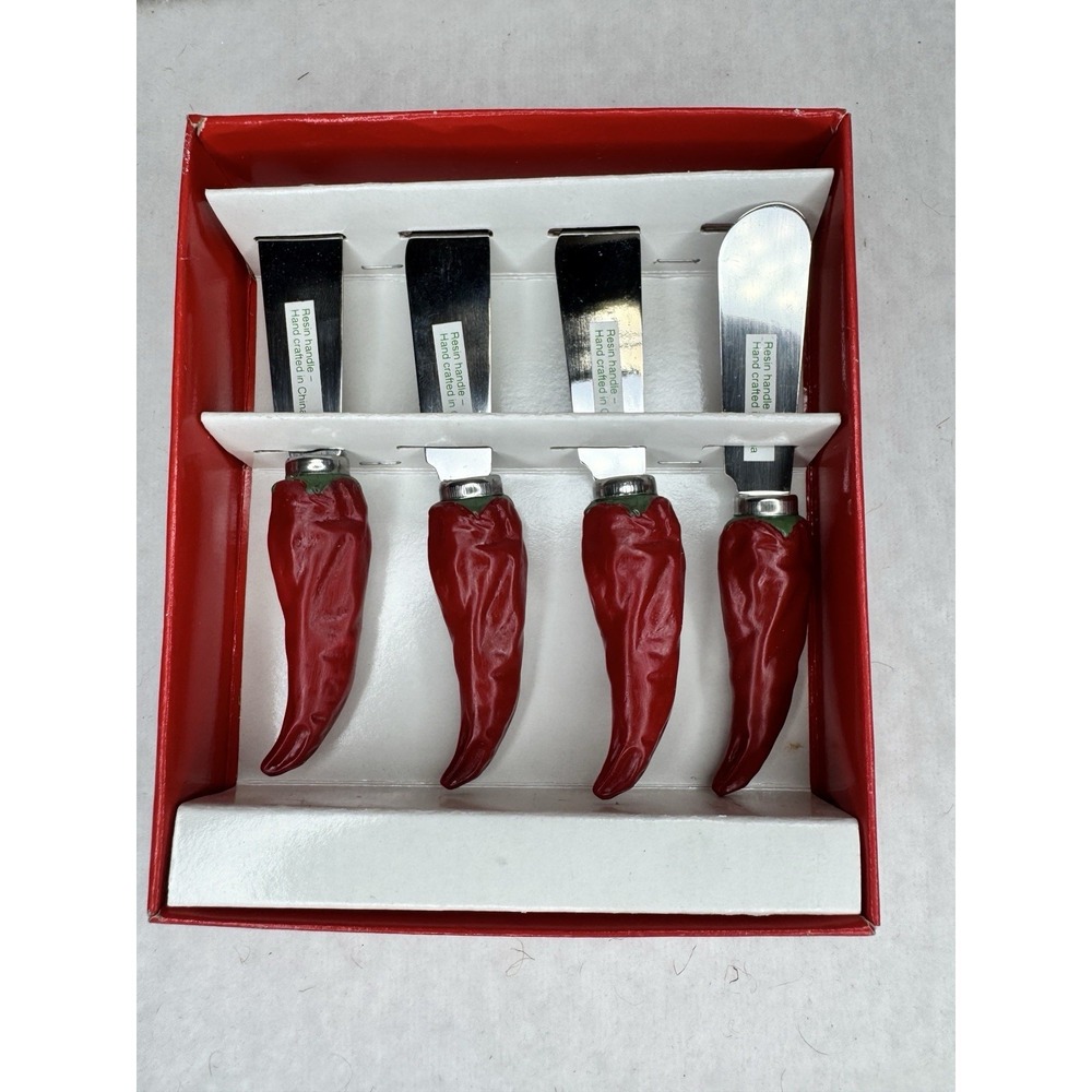 1995 Boston Warehouse Set of 4 Stainless Steel & Resin CHILI PEPPER Spreaders